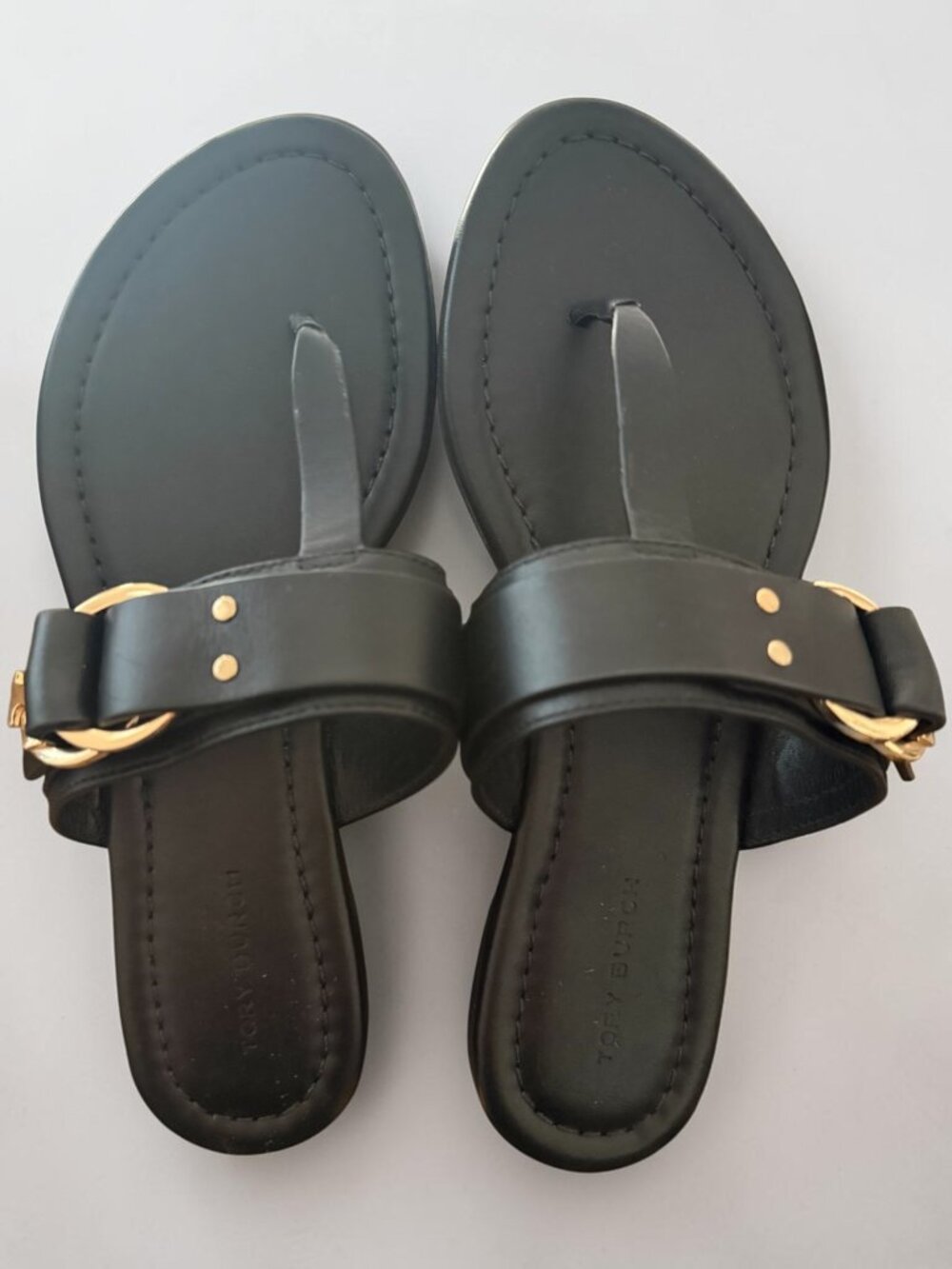 Tory Burch Black Leather Toe-Post Sandals with Gold Ring